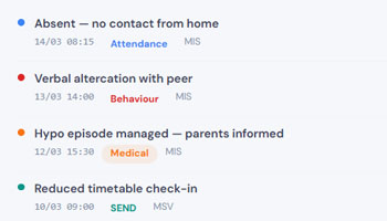 Timeline view showing chronological events across attendance, behaviour, medical and SEND
