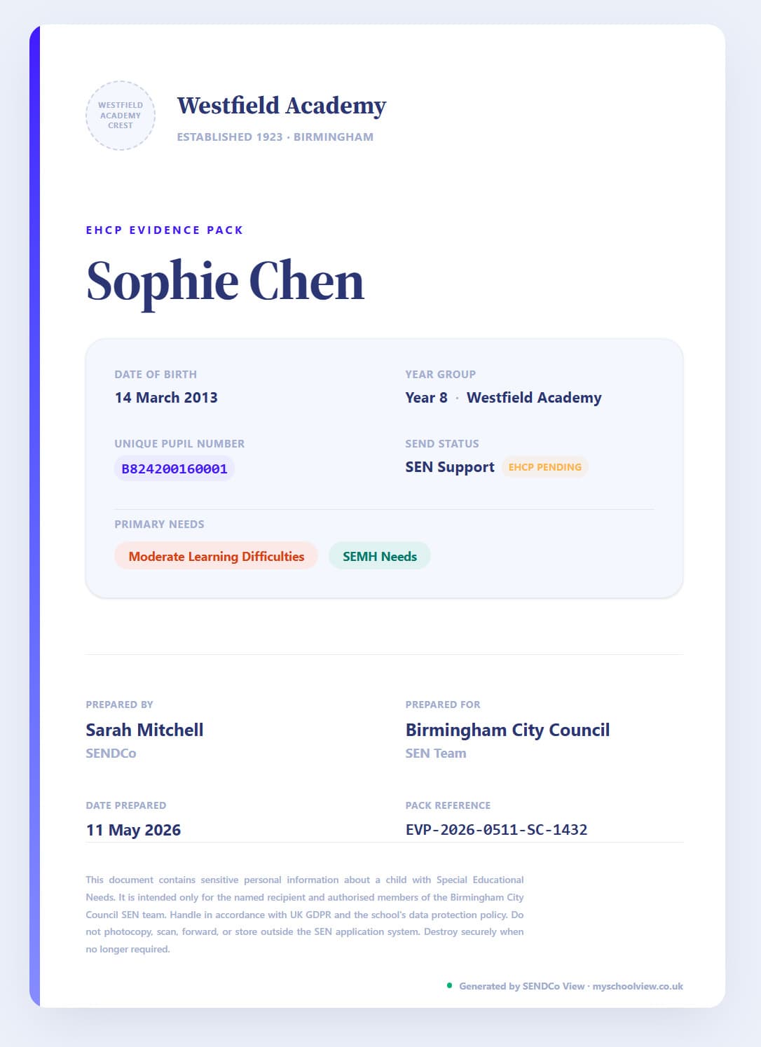 Sample EHCP evidence pack PDF cover, Sophie Chen